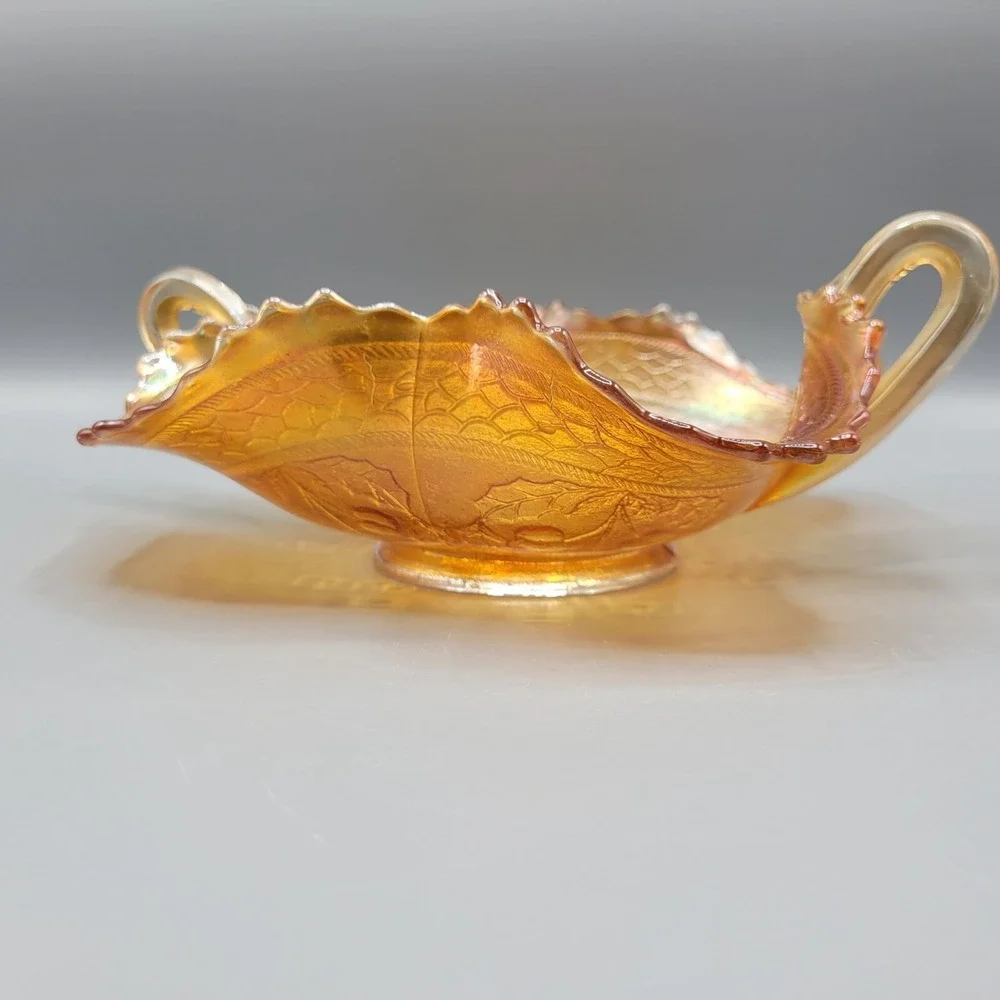 Vintage Fenton Marigold Carnival Iridescent Glass Handled Candy Dish Cherries